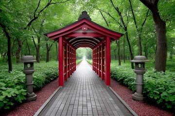 Fototapeta premium A series of red torii gates leading to a Shinto temple in a wooded forest path