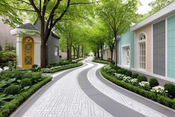 Obraz premium A single curved garden path surrounded by abstract leaf shapes and pastel accents