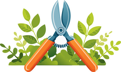 Colorful pruning shears cutting green branches with vibrant leaves, illustrated in flat cartoon style on white background. Clean, fresh, and perfect for gardening themes.