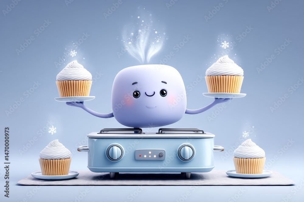 Poster a stylized 3d cartoon oven character baking muffins with a smiling face and steam coming from the to