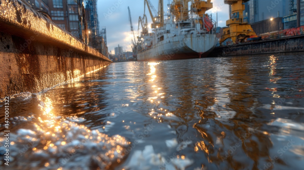 Poster a large ship is docked at a pier with a body of water in front of it