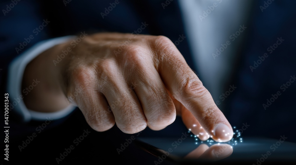 Poster a hand is pointing at a screen with a glowing dot