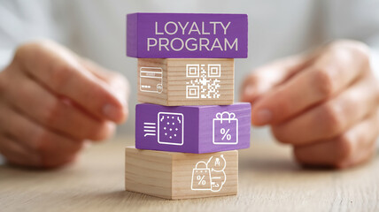 Stacked wooden blocks showcase loyalty program concept, featuring QR code, discount icons, and customer engagement symbols, representing rewards and benefits