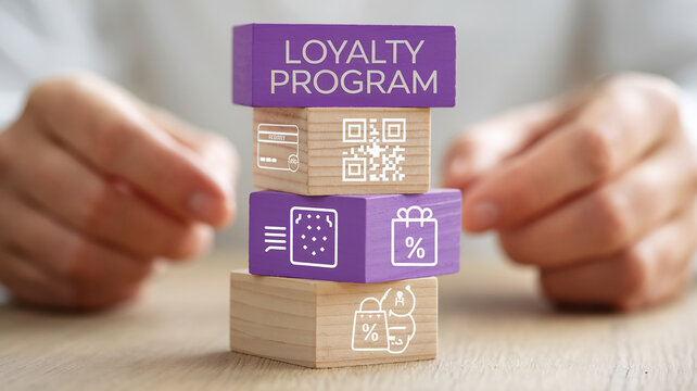 Stacked wooden blocks showcase loyalty program concept, featuring QR code, discount icons, and customer engagement symbols, representing rewards and benefits