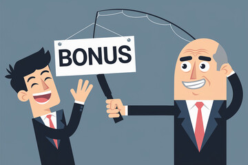 Illustration of a businessman giving a bonus to a happy colleague using a fishing rod, symbolizing incentive and reward in workplace