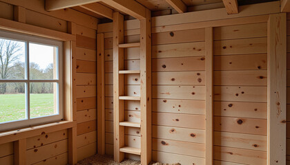 Fototapeta premium Wooden perch ladder in open-air coop with natural light, minimalist chicken housing concept