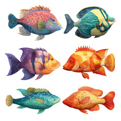 Vibrant Underwater Fish Illustration: A Colorful Collection of Tropical Marine Life , isolated on white background png