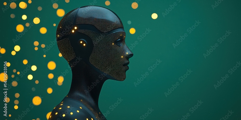Poster futuristic digital human head with glowing circuits against a green background and floating yellow l