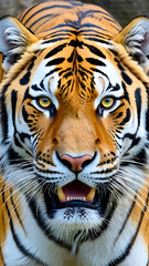 Obraz premium Intense Close-Up of a Bengal Tiger's Face with Glowing Eyes