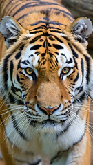 Fototapeta premium Intense Close-Up of a Bengal Tiger's Face with Glowing Eyes