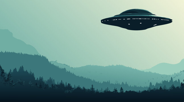 "Mysterious Watercolor UFO Silhouette &ndash; Ethereal Blues & Greens with Stark Black Alien Craft Hovering, Intriguing Sci-Fi Background with Copy Space