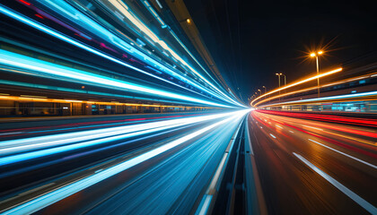 Captivating image of a highway at night, where car lights create streaking light trails, showcasing the movement and speed of vehicles in a modern urban setting.