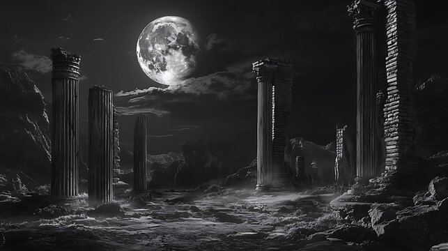Ancient columns under moonlight mysterious architectural ruins