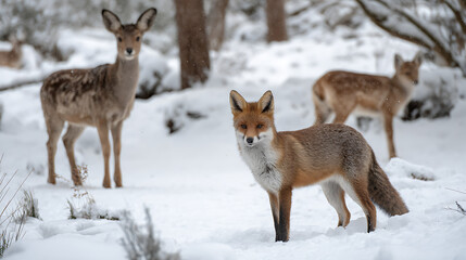 Fox and deer in winter scenery 