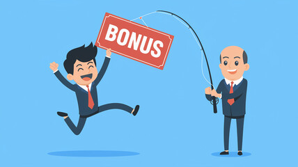 Businessman joyfully catches a "Bonus" sign with a fishing rod, symbolizing achievement and reward in business