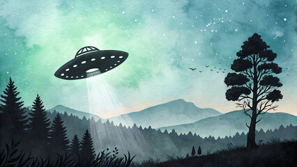 "Mysterious Watercolor UFO Silhouette – Ethereal Blues & Greens with Stark Black Alien Craft Hovering, Intriguing Sci-Fi Background with Copy Space