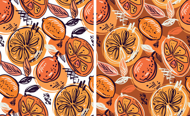 Trendy hand drawn doodle pattern background with fruits. Fabric wallpaper vector.