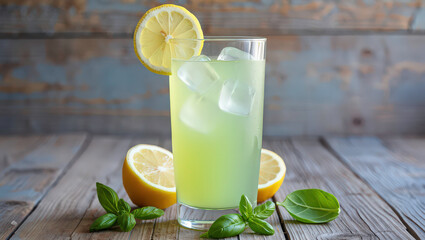 Refreshing green basil lemonade with lemon slice garnish, ice cubes in tall glass on wooden table. Summer beverage with basil leaves and lemons. Healthy refreshing drink concept 