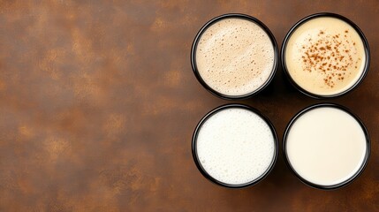 Four Creamy Beverages in Black Cups on Rustic Brown Background