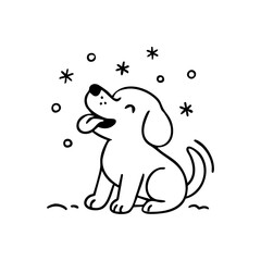 A playful dog with its head tilted up, tongue out, trying to catch falling snowflakes, drawn in a joyful thin-line style.