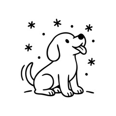 A playful dog with its head tilted up, tongue out, trying to catch falling snowflakes, drawn in a joyful thin-line style.