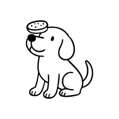 A focused dog sitting still with a treat on its nose or head, tail wagging in anticipation.