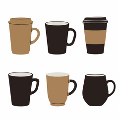 Coffee Mug Icon Set: A modern and stylish set of six vector icons representing coffee mugs in various shapes and sizes. These versatile illustrations can be used to represent cafe culture.