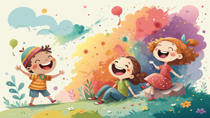 Fototapeta premium Joyful Watercolor Laughter Background – Playful Character Illustrations with Vibrant Color Splashes & Copy Space