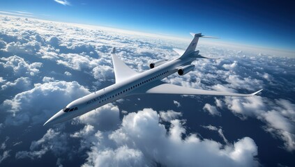 Fototapeta premium Futuristic jetliner soaring above fluffy clouds