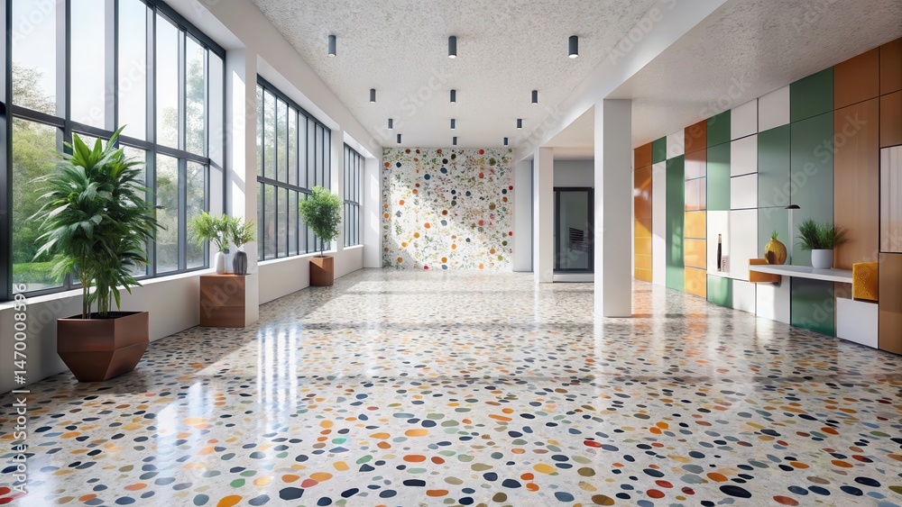 Poster sunlit modern hallway with colorful terrazzo floor and abstract wall art