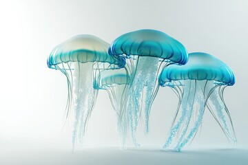 A cluster of translucent, teal jellyfish gracefully float in a serene underwater scene.