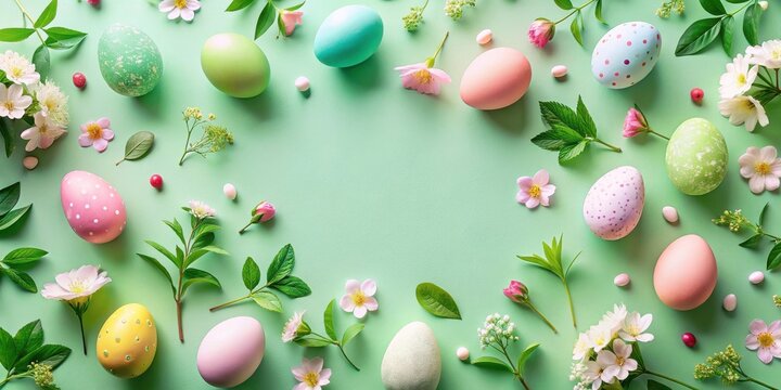 Pastel Easter Eggs and Spring Blossoms Arranged on a Mint Green Background A Festive Springtime Design