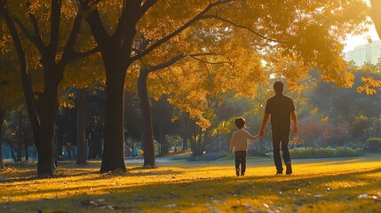 Obraz premium A heartwarming moment of a father and child walking hand in hand in a beautiful park, showcasing love and connection.