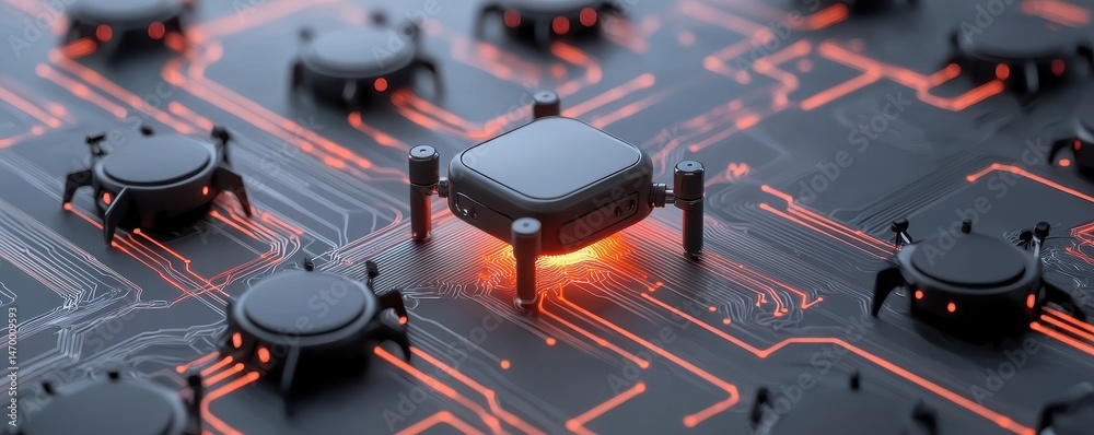 Poster A futuristic microchip with glowing circuits and small robotic components on a dark circuit board.
