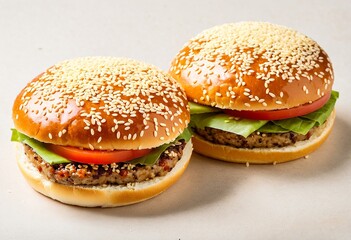 Two hamburgers with cheese and lettuce on a wooden table.