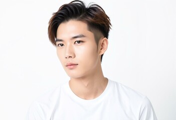 Fototapeta premium A young man with brown hair and a white shirt.
