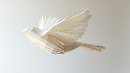 Geometric paper dove in mid-flight against a light background.