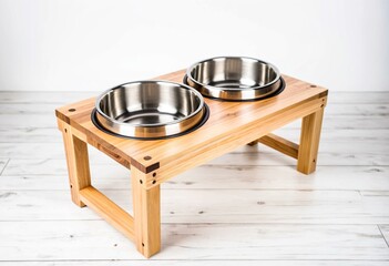 A wooden elevated dog bowl stand with two bowls on it.