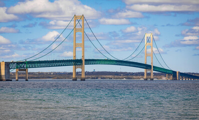 Mackinac Bridge Flyover Summer Aerial with Turquoise Waters