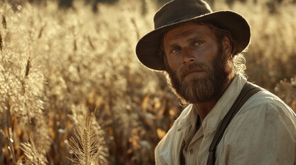 A man in period clothing amidst a golden field.