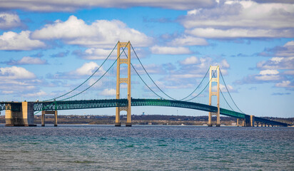 Mackinac Bridge Flyover Summer Aerial with Turquoise Waters
