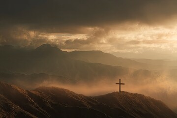 Cross on Mountain Peak Under Cloudy Sky