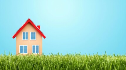 Vibrant small house surrounded by lush green grass against a bright blue sky background