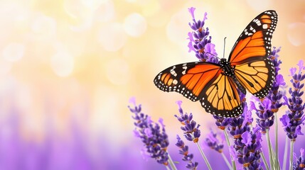 Orange monarch butterfly sitting on lavender flowers in a soft colorful garden background