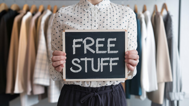Woman holding a small chalkboard with "Free Stuff" written on it, standing in front of clothing racks, showcasing a free giveaway or promotion concept