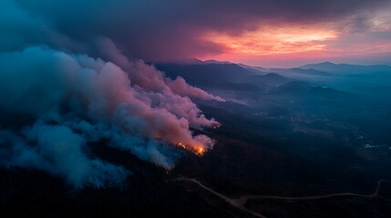 Dense Smoke Rising From Forest Wildfire Beneath Vibrant Sunset Over Mountain Range