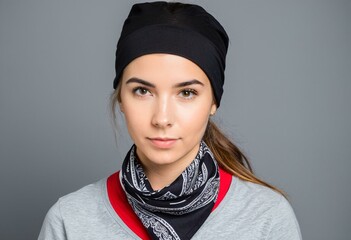 A woman wearing a black and white bandana headband.