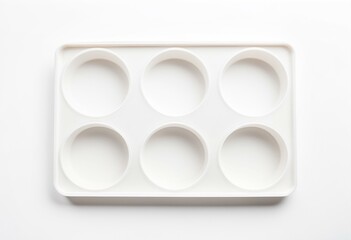 A white tray with six compartments on a white surface.