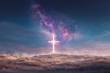 Glowing Cross Under Starry Night Sky