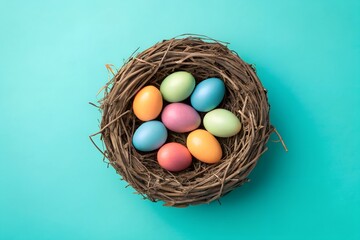 Obraz premium Bird's Nest with Eight Colorful Easter Eggs on a Turquoise Background—Perfect for Festive and Seasonal Backdrops